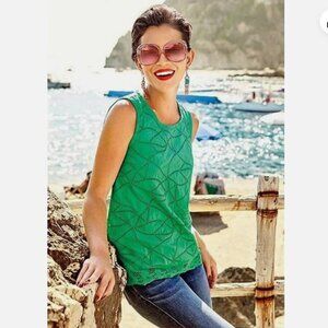CAbi Gemma Cotton Bright Green Eyelet Lace Spring Tank Top Scallop Hem Small
